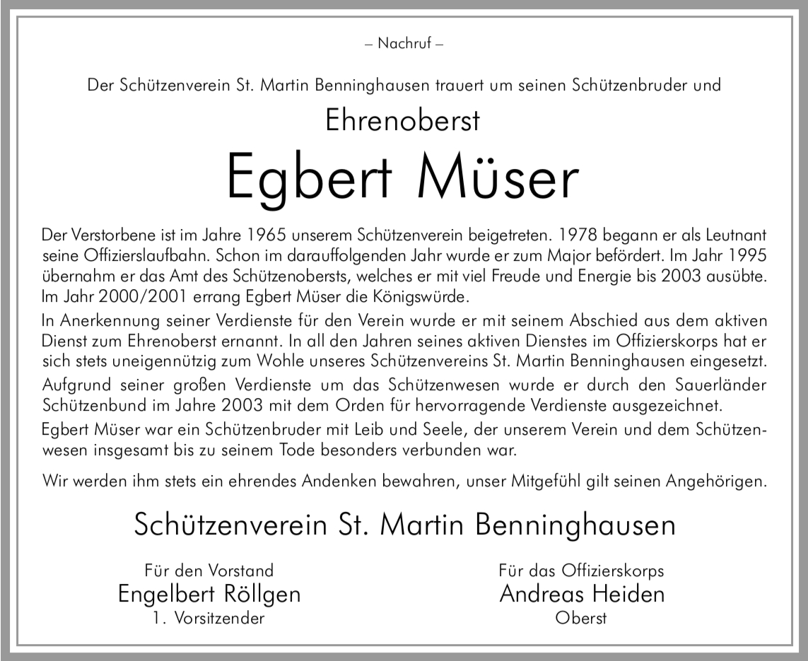 Schützenverein trauert um Ehrenoberst Egbert Müser