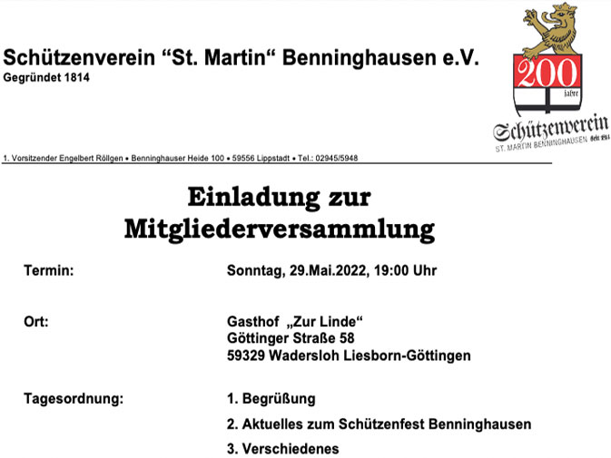 Einladung zur Mitgliederversammlung und zum Schützenfest in Göttingen
